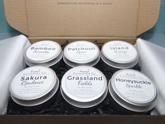 This sampler set consists of six 1.5oz tin soy wax candles from the new Spring Collection, featuring a variety of scents to explore. It's an ideal option for discovering all the spring fragrance options cost-effectively. It also makes for a unique and personalized gift, perfect as a holiday stocking stuffer.